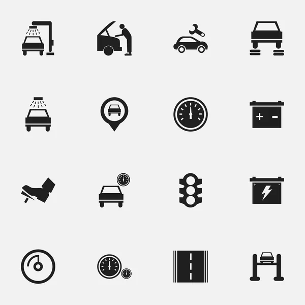 Conjunto de 16 iconos de transporte editables. Incluye símbolos como el automóvil, la fijación del coche, la reparación de automóviles y más. Puede ser utilizado para el diseño de la tela, móvil, interfaz de usuario e infografía . — Vector de stock