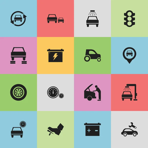 Set di 16 icone modificabili del veicolo. Include simboli come lavaggio del veicolo, batteria, Treadle e altro ancora. Può essere utilizzato per la progettazione web, mobile, UI e infografica . — Vettoriale Stock