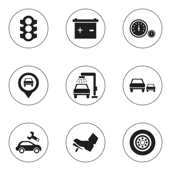 Satz von 9 editierbaren Verkehrssymbolen. beinhaltet Symbole wie Akkumulator, Rasse, Zeiger und mehr. kann für Web-, Mobil-, UI- und Infografik-Design verwendet werden. — Stockvektor