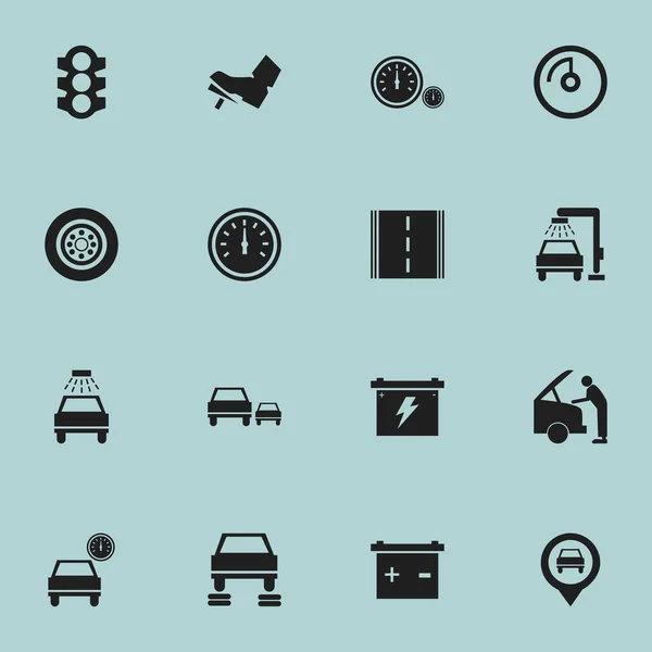 Set van 16 bewerkbare auto iconen. Bevat symbolen zoals Stoplight, snelheidscontrole, Auto reparatie en meer. Kan worden gebruikt voor Web, Mobile, Ui en Infographic Design. — Stockvector