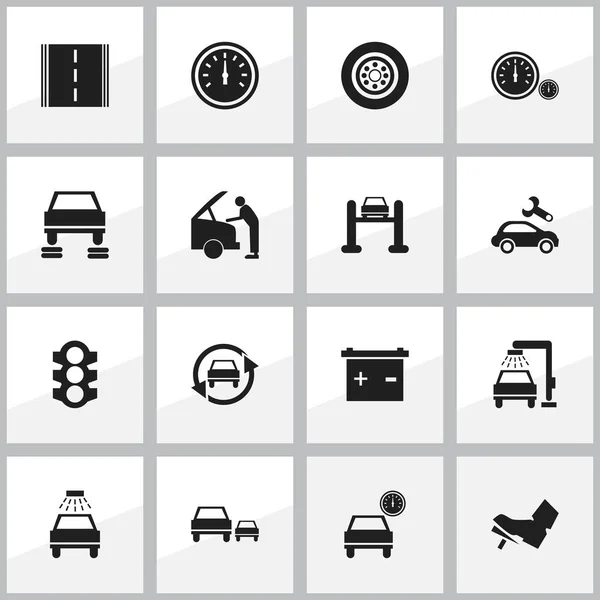 Set van 16 bewerkbare voertuig iconen. Bevat symbolen zoals Auto Service, Tuning Auto, accu en meer. Kan worden gebruikt voor Web, Mobile, Ui en Infographic Design. — Stockvector