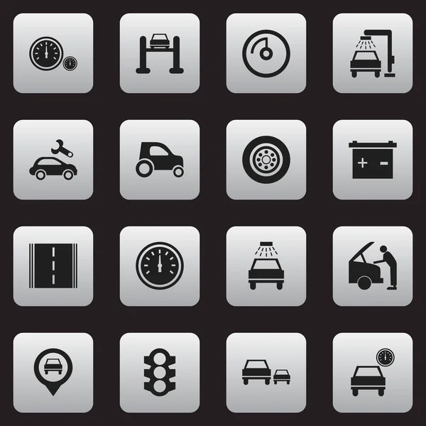 Satz von 16 editierbaren Verkehrssymbolen. beinhaltet Symbole wie Rasse, Autobahn, Ampel und mehr. kann für Web-, Mobil-, UI- und Infografik-Design verwendet werden. — Stockvektor