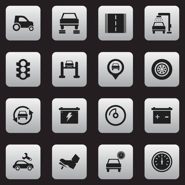 Satz von 16 editierbaren Verkehrssymbolen. beinhaltet Symbole wie Akku, Reifen, Geschwindigkeitsanzeige und mehr. kann für Web-, Mobil-, UI- und Infografik-Design verwendet werden. — Stockvektor