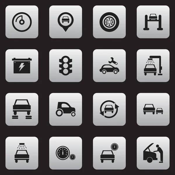 Satz von 16 editierbaren Fahrzeug-Symbolen. enthält Symbole wie Rasse, Automobil-Fix, Reifen und vieles mehr. kann für Web-, Mobil-, UI- und Infografik-Design verwendet werden. — Stockvektor