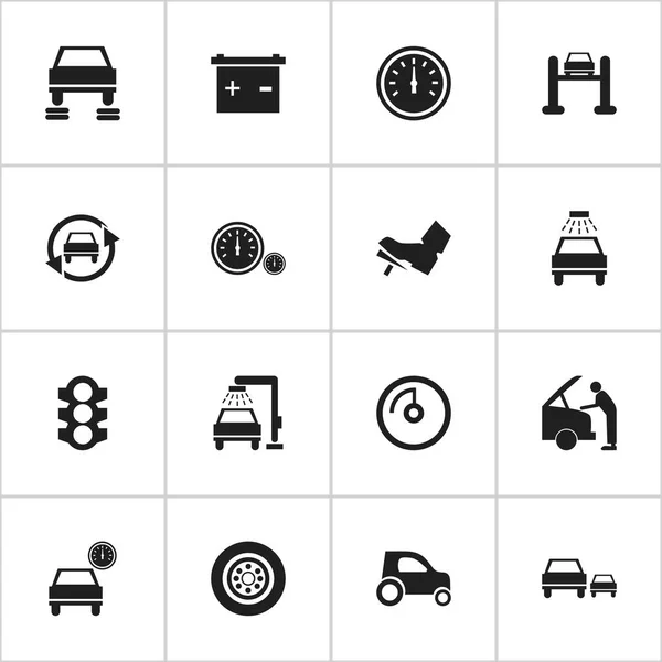 Satz von 16 editierbaren Fahrzeug-Symbolen. beinhaltet Symbole wie Auto-Reparatur, Auto-Befestigung, Tacho und vieles mehr. kann für Web-, Mobil-, UI- und Infografik-Design verwendet werden. — Stockvektor