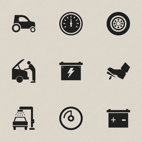 Набір з 9 значків редагування трафіку. Включає в себе такі символи, як акумулятор, акумулятор, шини та багато іншого. Може використовуватися для веб, мобільного, інтерфейсу та інфографіки . — стоковий вектор