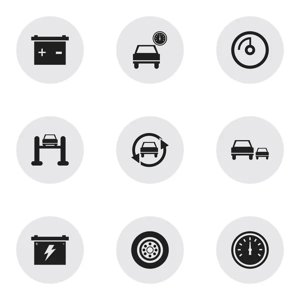 Conjunto de 9 Ícones de transporte editáveis. Inclui símbolos como corrida, exibição de velocidade, pneu e muito mais. Pode ser usado para Web, Mobile, UI e design infográfico . —  Vetores de Stock