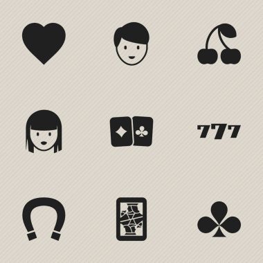 9 düzenlenebilir oyun simgeler kümesi. Casino işçi, kart çifti, şans tılsımı ve daha fazlası gibi simgeler içerir. Web, mobil, UI ve Infographic tasarımı için kullanılabilir.