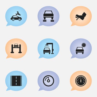 9 düzenlenebilir araç simgeler kümesi. Pedalla, hız kontrolü, otomotiv saptamak ve daha fazlası gibi simgeler içerir. Web, mobil, UI ve Infographic tasarımı için kullanılabilir.