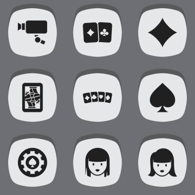 9 düzenlenebilir kumar simgeler kümesi. Kadın yüzü, siyah kalp, kart takım elbise ve daha fazlası gibi simgeler içerir. Web, mobil, UI ve Infographic tasarımı için kullanılabilir.
