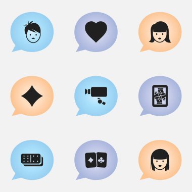 9 düzenlenebilir heyecan simgeler kümesi. Kemikler oyunu, aşk, Cam ve daha fazla izleme gibi simgeler içerir. Web, mobil, UI ve Infographic tasarımı için kullanılabilir.