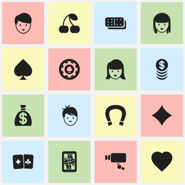 16 düzenlenebilir Casino simgeler kümesi. Kadın yüzü, aşk, Cam ve daha fazla izleme gibi simgeler içerir. Web, mobil, UI ve Infographic tasarımı için kullanılabilir.