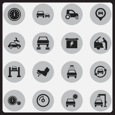 16 düzenlenebilir araç simgeler kümesi. Otomatik hizmet, otomotiv düzeltme, araç yıkama ve daha fazlası gibi simgeler içerir. Web, mobil, UI ve Infographic tasarımı için kullanılabilir.