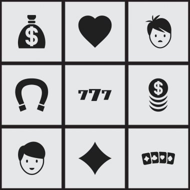 9 düzenlenebilir kumar simgeler kümesi. Kart takım elbise, çocuk, Rhombus ve daha fazlası gibi simgeler içerir. Web, mobil, UI ve Infographic tasarımı için kullanılabilir.