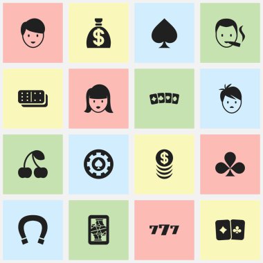 16 düzenlenebilir Casino simgeler kümesi. Kadın yüzü, şanslı-7, kart çift ve daha fazlası gibi simgeler içerir. Web, mobil, UI ve Infographic tasarımı için kullanılabilir.