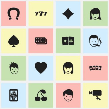 16 düzenlenebilir iş simgeler kümesi. Şans tılsımı, kadın yüzü, kart çift ve daha fazlası gibi simgeler içerir. Web, mobil, UI ve Infographic tasarımı için kullanılabilir.