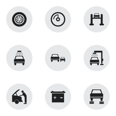 9 düzenlenebilir araba simgeler kümesi. Otomatik hizmet, hız göstergesi, araba yıkanmak gibi sembolleri içerir ve daha fazlası. Web, mobil, UI ve Infographic tasarımı için kullanılabilir.