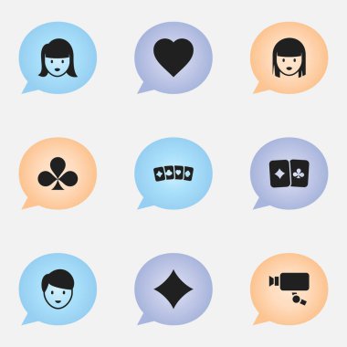 9 düzenlenebilir kumar simgeler kümesi. Kart takım elbise, kadın yüzü, Casino işçi ve daha fazlası gibi simgeler içerir. Web, mobil, UI ve Infographic tasarımı için kullanılabilir.