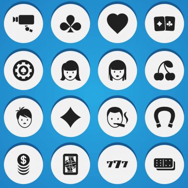 16 düzenlenebilir kumar simgeler kümesi. Sembolleri Cam, kadın yüzü, şans tılsımı ve daha fazla izleme gibi içerir. Web, mobil, UI ve Infographic tasarımı için kullanılabilir.