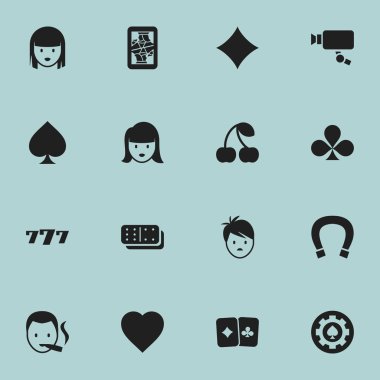 16 düzenlenebilir kumar simgeler kümesi. Kart çifti, oyun kartı, siyah kalp ve daha fazlası gibi simgeler içerir. Web, mobil, UI ve Infographic tasarımı için kullanılabilir.