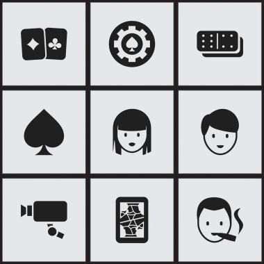 9 düzenlenebilir heyecan simgeler kümesi. Kart çifti, Bones oyun, Cam ve daha fazla izleme gibi simgeler içerir. Web, mobil, UI ve Infographic tasarımı için kullanılabilir.