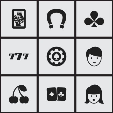 9 düzenlenebilir kumar simgeler kümesi. Blackjack, Casino işçi, siyah kalp ve daha fazlası gibi simgeler içerir. Web, mobil, UI ve Infographic tasarımı için kullanılabilir.