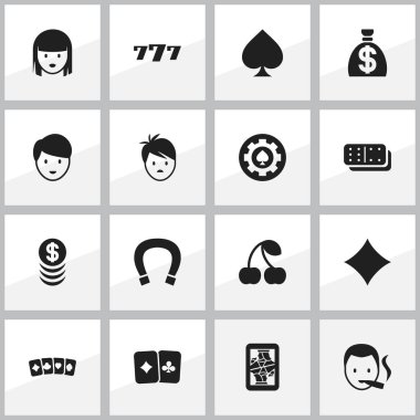 16 düzenlenebilir Casino simgeler kümesi. Casino işçi, Blackjack, oyun kartı ve daha fazlası gibi simgeler içerir. Web, mobil, UI ve Infographic tasarımı için kullanılabilir.