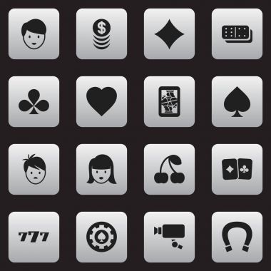 16 düzenlenebilir kumar simgeler kümesi. Siyah kalp, Casino işçi, şans tılsımı ve daha fazlası gibi simgeler içerir. Web, mobil, UI ve Infographic tasarımı için kullanılabilir.