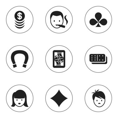 9 düzenlenebilir kumar simgeler kümesi. Kadın yüzü, çocuk, Blackjack ve daha fazlası gibi simgeler içerir. Web, mobil, UI ve Infographic tasarımı için kullanılabilir.