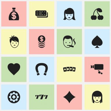 16 düzenlenebilir kumar simgeler kümesi. Kadın yüzü, siyah kalp, oyun kartı ve daha fazlası gibi simgeler içerir. Web, mobil, UI ve Infographic tasarımı için kullanılabilir.