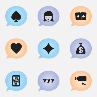9 düzenlenebilir oyun simgeler kümesi. Kadın yüz, kart çifti, Cam ve daha fazla izleme gibi simgeler içerir. Web, mobil, UI ve Infographic tasarımı için kullanılabilir.