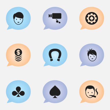9 düzenlenebilir oyun simgeler kümesi. Yığılmış para, Cam, oyun kartı ve diğer izleme gibi simgeler içerir. Web, mobil, UI ve Infographic tasarımı için kullanılabilir.