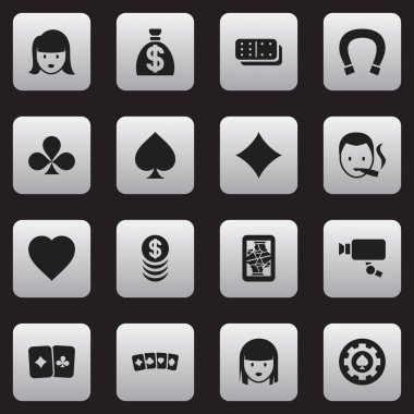 16 düzenlenebilir kumar simgeler kümesi. Cam ve daha fazla izleme Rhombus, paran, gibi simgeler içerir. Web, mobil, UI ve Infographic tasarımı için kullanılabilir.