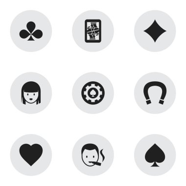 9 düzenlenebilir heyecan simgeler kümesi. Aşk, oyun kartı, Sigara içen ve daha fazlası gibi simgeler içerir. Web, mobil, UI ve Infographic tasarımı için kullanılabilir.