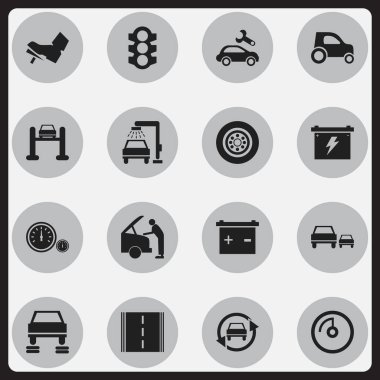 16 düzenlenebilir taşıma simgeler kümesi. Trafik ışığı, araç yıkama, yarış ve daha fazlası gibi simgeler içerir. Web, mobil, UI ve Infographic tasarımı için kullanılabilir.