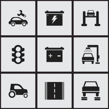 9 düzenlenebilir taşıma simgeler kümesi. Oto Servisi, akümülatör, otoyol ve daha fazlası gibi simgeler içerir. Web, mobil, UI ve Infographic tasarımı için kullanılabilir.