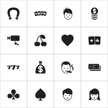 16 düzenlenebilir Casino simgeler kümesi. Shamrock gibi simgeler yığılmış para, kadın yüzü ve daha fazlasını içerir. Web, mobil, UI ve Infographic tasarımı için kullanılabilir.