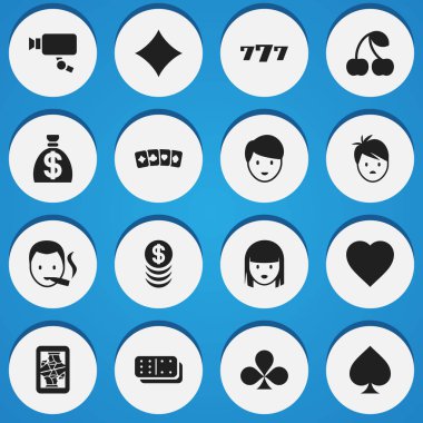 16 düzenlenebilir kumar simgeler kümesi. Oyun kartı, izleme Cam, Sigara içen ve daha fazlası gibi simgeler içerir. Web, mobil, UI ve Infographic tasarımı için kullanılabilir.