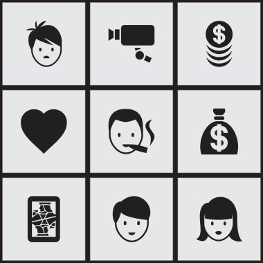 9 düzenlenebilir iş simgeler kümesi. Bir çocuk, Casino işçi, Cam ve daha fazla izleme gibi simgeler içerir. Web, mobil, UI ve Infographic tasarımı için kullanılabilir.