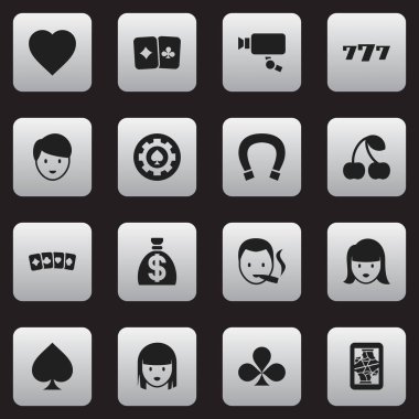 16 düzenlenebilir Casino simgeler kümesi. Sigara içen, Casino işçi, şans tılsımı ve daha fazlası gibi simgeler içerir. Web, mobil, UI ve Infographic tasarımı için kullanılabilir.