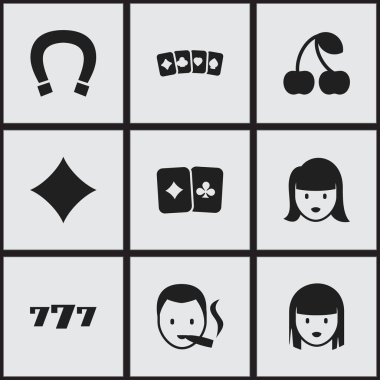 9 düzenlenebilir kumar simgeler kümesi. Rhombus, kart çifti, kadın yüzü ve daha fazlası gibi simgeler içerir. Web, mobil, UI ve Infographic tasarımı için kullanılabilir.