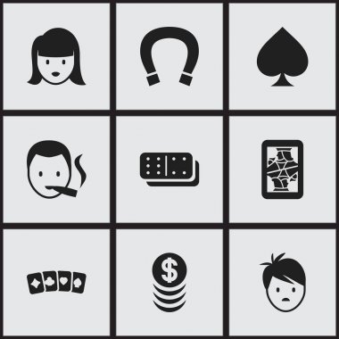 9 düzenlenebilir heyecan simgeler kümesi. Sigara içen, yığılmış para, oyun kartı ve daha fazlası gibi simgeler içerir. Web, mobil, UI ve Infographic tasarımı için kullanılabilir.