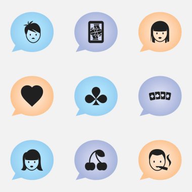 9 düzenlenebilir kumar simgeler kümesi. Kadın yüzü, kart takım elbise, çocuk ve daha fazlası gibi simgeler içerir. Web, mobil, UI ve Infographic tasarımı için kullanılabilir.