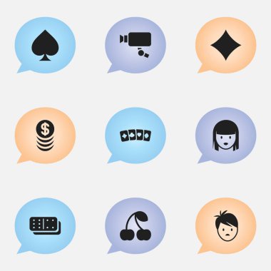 9 düzenlenebilir heyecan simgeler kümesi. Sembolleri Cam, kart takım elbise, çocuk ve diğer izleme gibi içerir. Web, mobil, UI ve Infographic tasarımı için kullanılabilir.