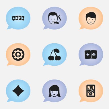 9 düzenlenebilir oyun simgeler kümesi. Kart takım elbise, Sigara içen, kart çift ve daha fazlası gibi simgeler içerir. Web, mobil, UI ve Infographic tasarımı için kullanılabilir.