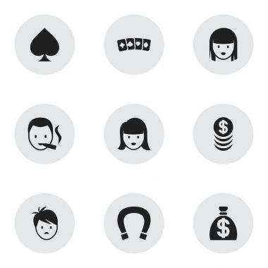 9 düzenlenebilir heyecan simgeler kümesi. Kart takım elbise, şans tılsımı, kadın yüzü ve daha fazlası gibi simgeler içerir. Web, mobil, UI ve Infographic tasarımı için kullanılabilir.