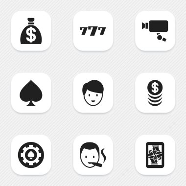 9 düzenlenebilir heyecan simgeler kümesi. Paran, Blackjack, siyah kalp ve daha fazlası gibi simgeler içerir. Web, mobil, UI ve Infographic tasarımı için kullanılabilir.