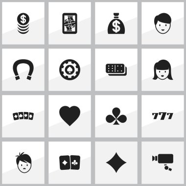 16 düzenlenebilir Casino simgeler kümesi. Şans tılsımı, şanslı-7, sevgi ve daha fazla gibi simgeler içerir. Web, mobil, UI ve Infographic tasarımı için kullanılabilir.