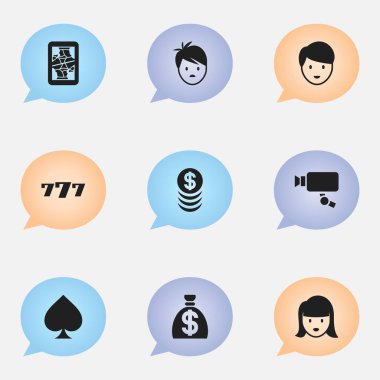 9 düzenlenebilir iş simgeler kümesi. Çocuk, kadın yüzü, Blackjack ve daha fazlası gibi simgeler içerir. Web, mobil, UI ve Infographic tasarımı için kullanılabilir.