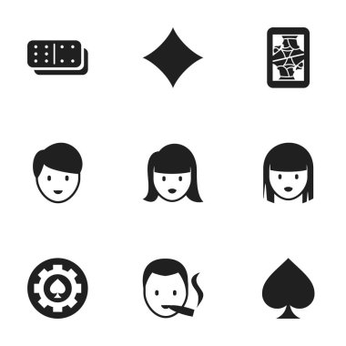 9 düzenlenebilir kumar simgeler kümesi. Rhombus, Blackjack, kadın yüzü ve daha fazlası gibi simgeler içerir. Web, mobil, UI ve Infographic tasarımı için kullanılabilir.